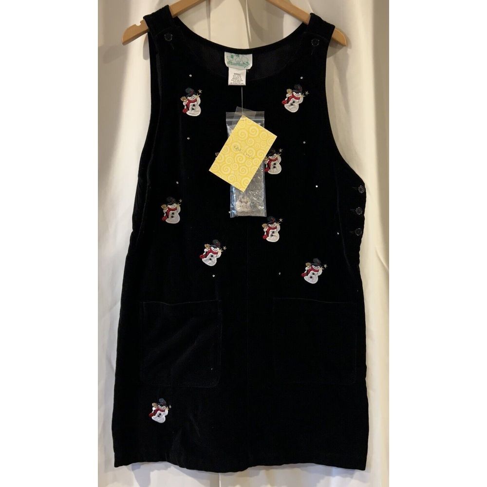 Quacker Factory Black Velvet Jumper Dress Embroidered Snowman Size‎ Small